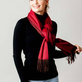Model Wearing Alpine Cashmere Ripple Finish Reversible Wrap in Burgundy and Crimson
