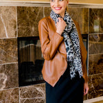 Alpine-Cashmere-Felted Leopard Scarf-in-GraphiteModel Wearing Alpine Cashmere's Leopard Scarf in Graphite