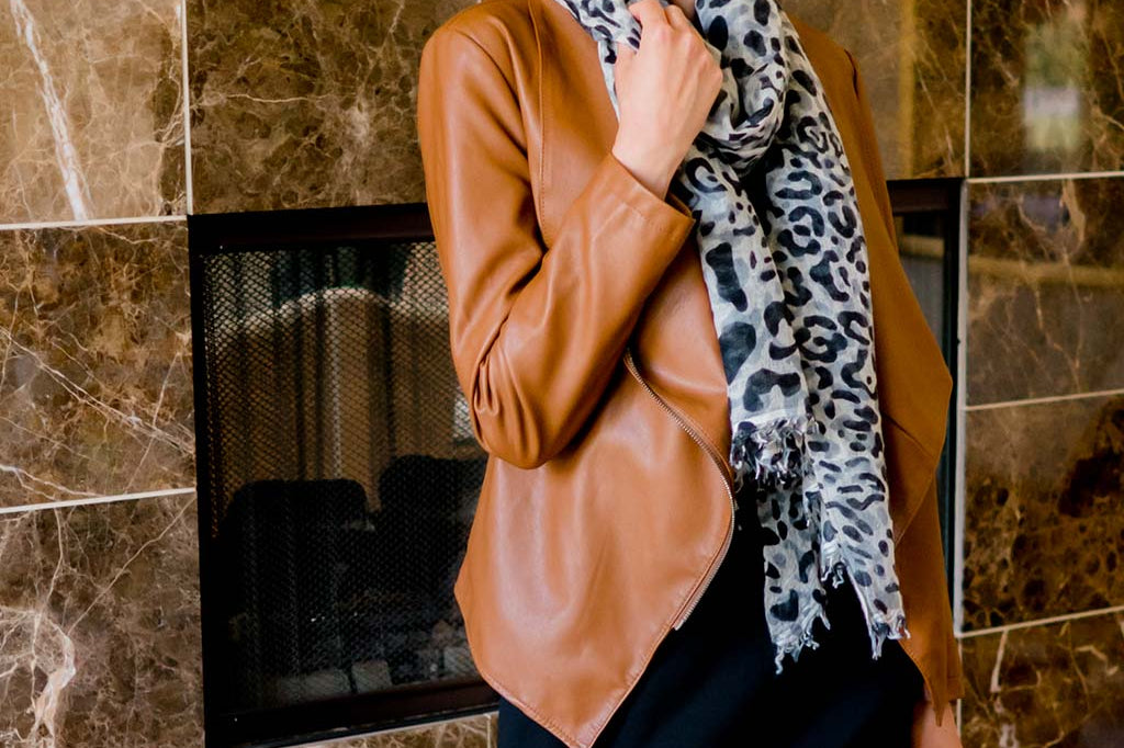 Alpine-Cashmere-Felted Leopard Scarf-in-GraphiteModel Wearing Alpine Cashmere's Leopard Scarf in Graphite